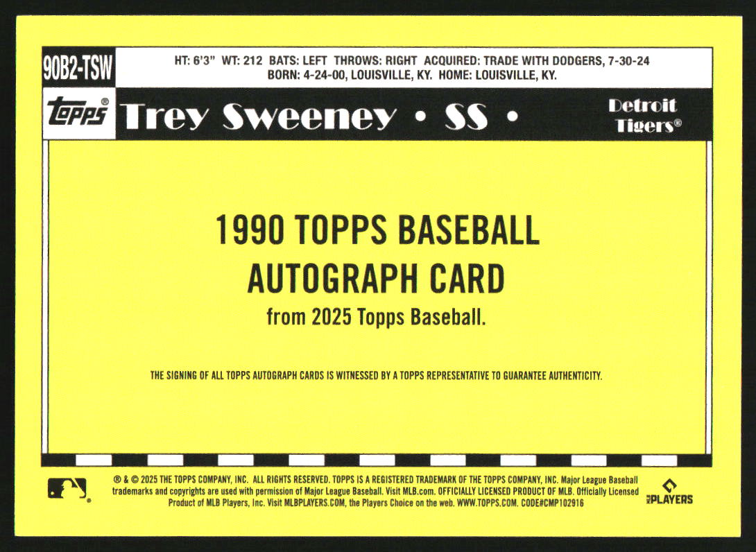 2025 Topps '90 Topps Autographs #90B2TSW Trey Sweeney S2