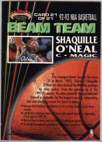 1992-93 Stadium Club Members Only Parallel #BT21 Shaquille O'Neal back image