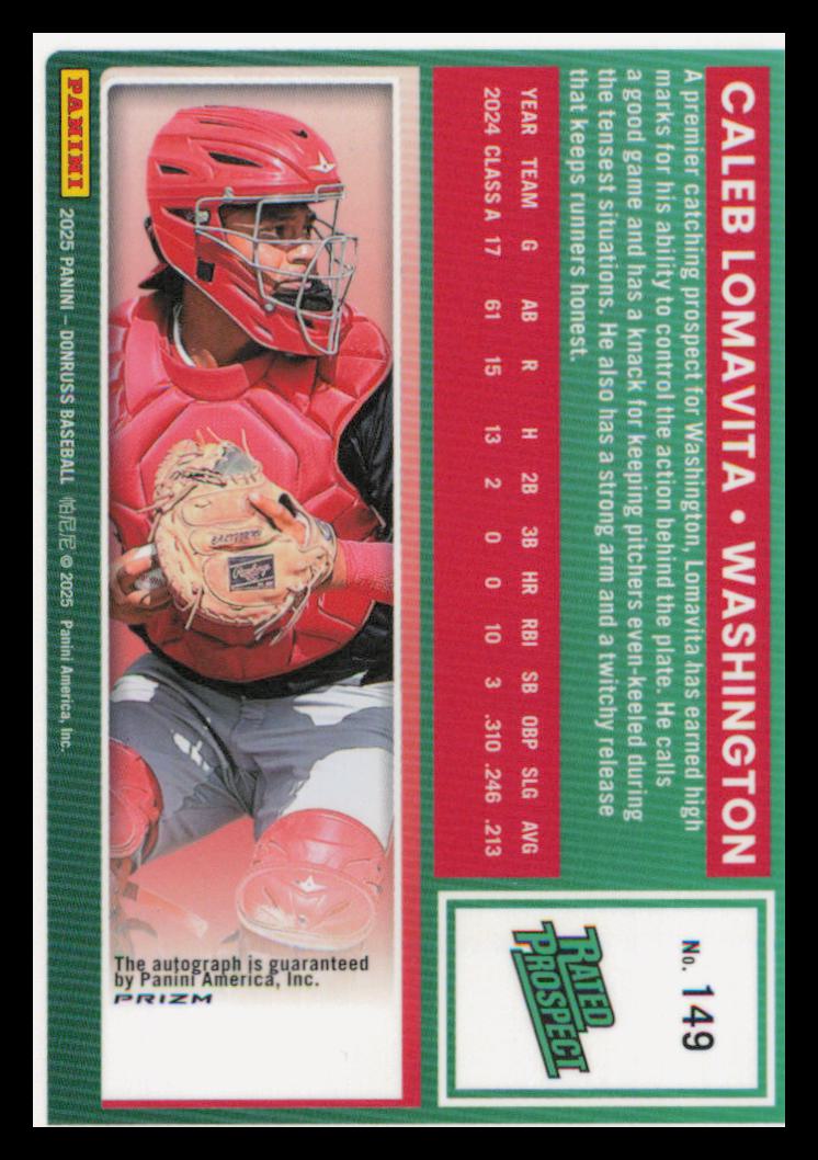 2025 Donruss Optic Rated Prospects Signatures #149 Caleb Lomavita back image
