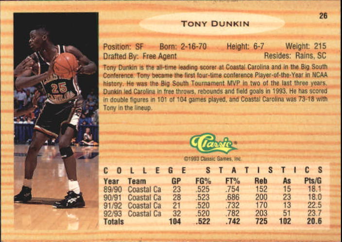 1993 Classic Gold #26 Tony Dunkin back image