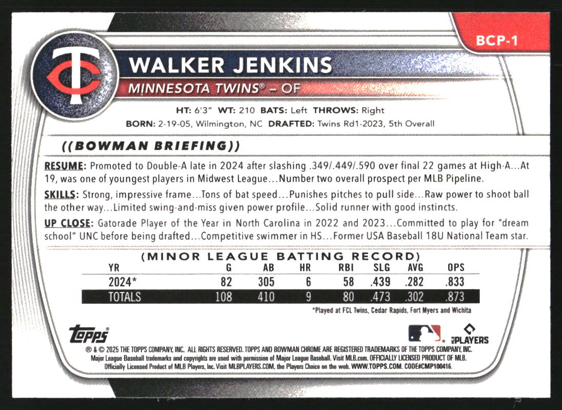 2025 Bowman Chrome Sapphire Prospects #BCP1 Walker Jenkins