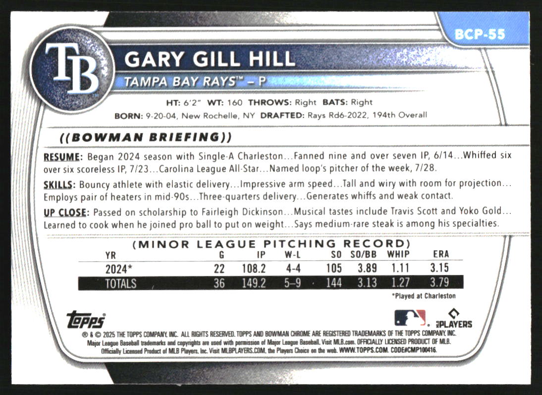 2025 Bowman Chrome Sapphire Prospects #BCP55 Gary Gill Hill