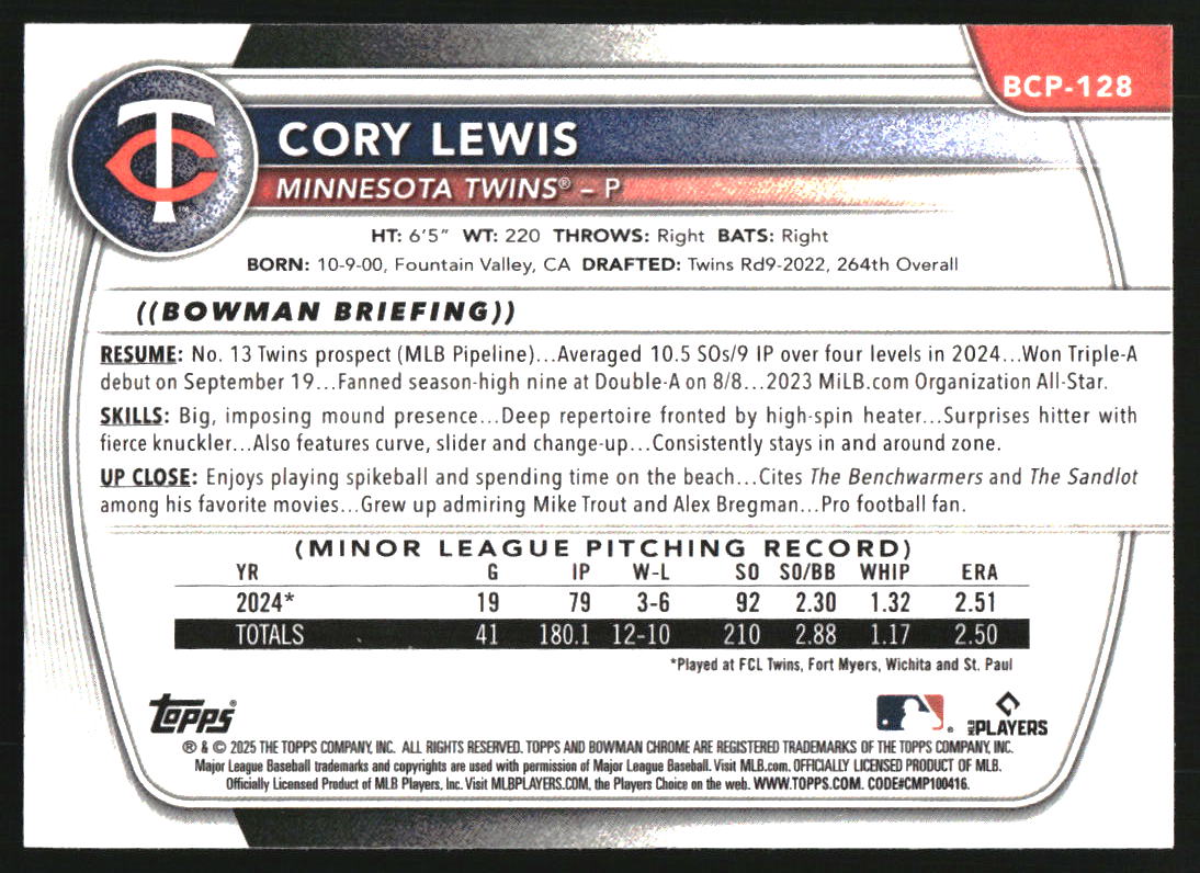 2025 Bowman Chrome Sapphire Prospects #BCP128 Cory Lewis