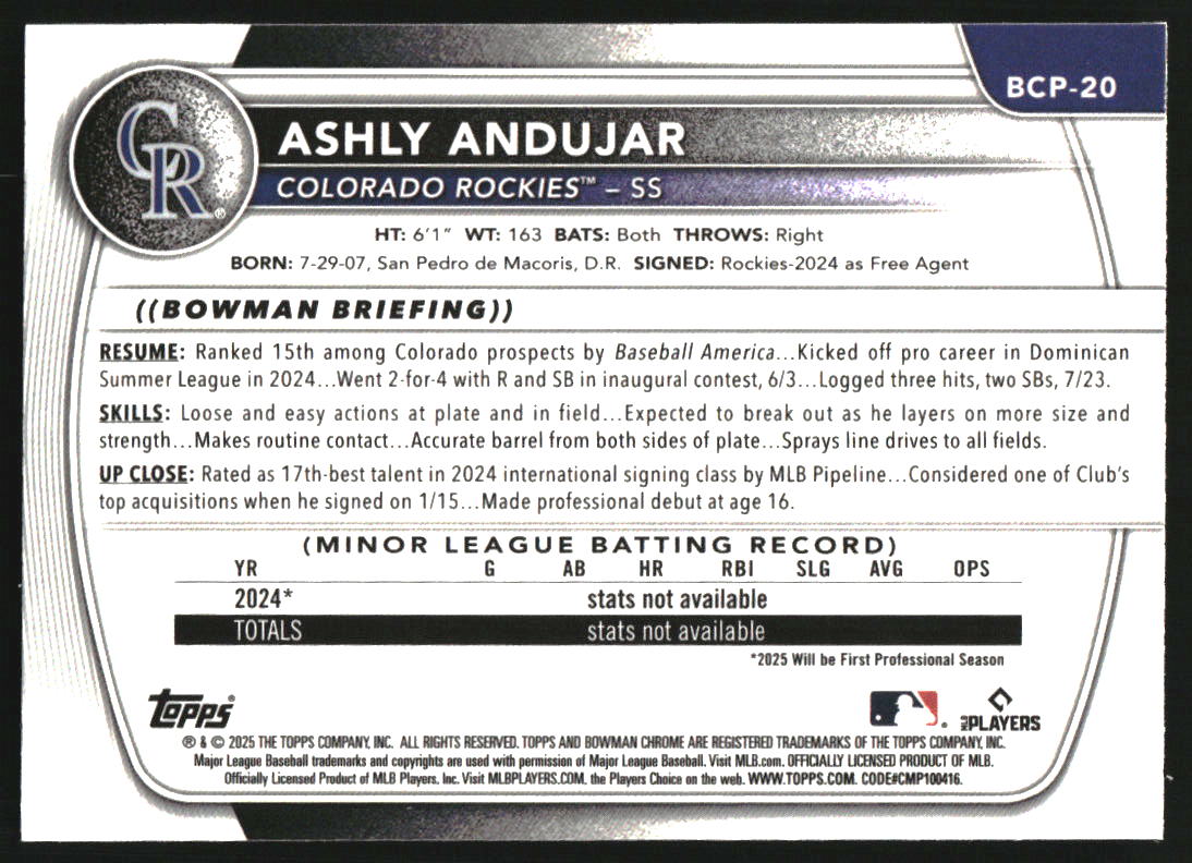 2025 Bowman Chrome Sapphire Prospects Green Refractors #BCP20 Ashly Andujar