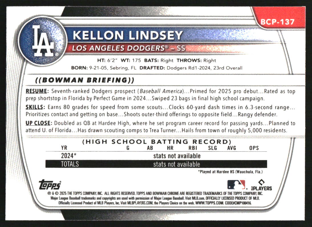 2025 Bowman Chrome Sapphire Prospects Green Refractors #BCP137 Kellon Lindsey