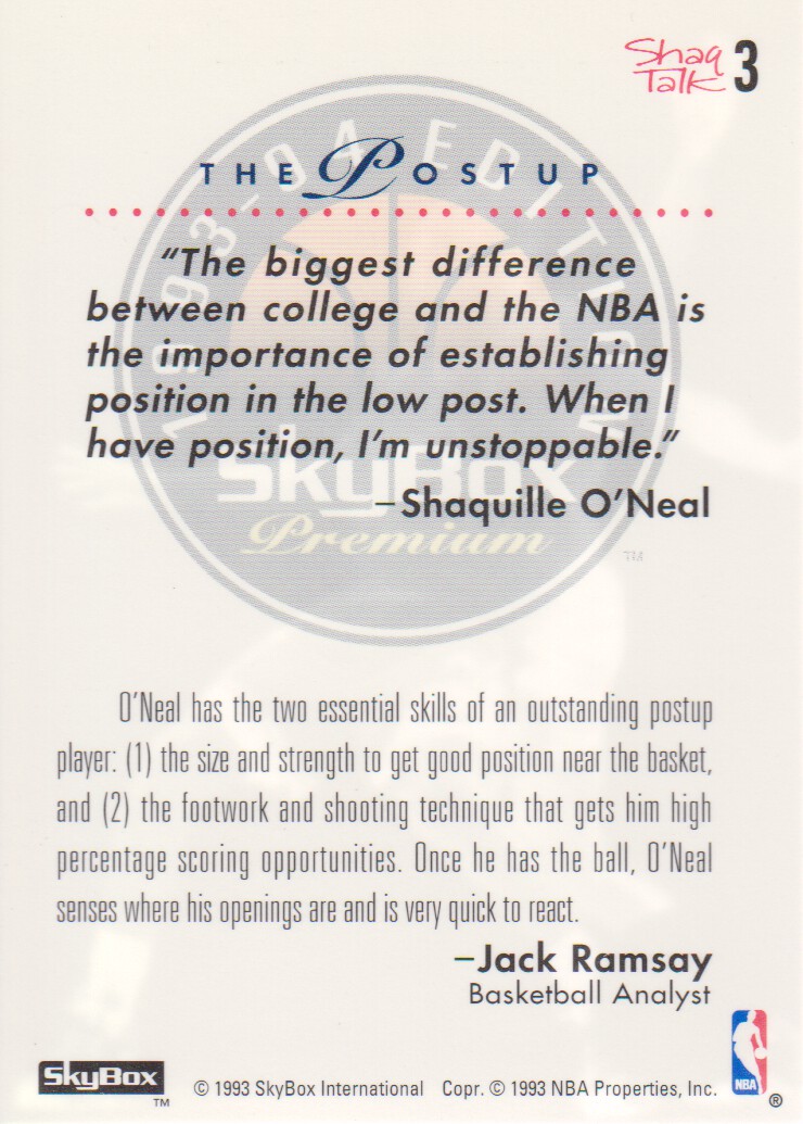 1993-94 SkyBox Premium Shaq Talk #3 Shaquille O'Neal/The Postup back image