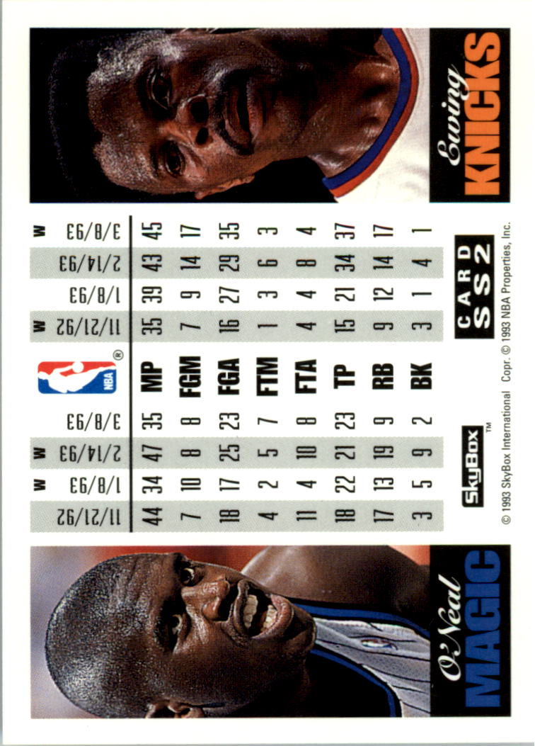 1993-94 SkyBox Premium Showdown Series #SS2 Shaquille O'Neal/Patrick Ewing back image