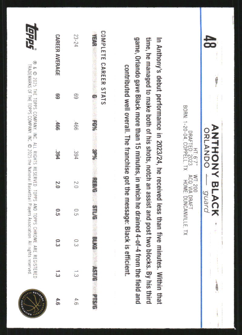2024-25 Topps Chrome Blue Basketball Refractors #48 Anthony Black