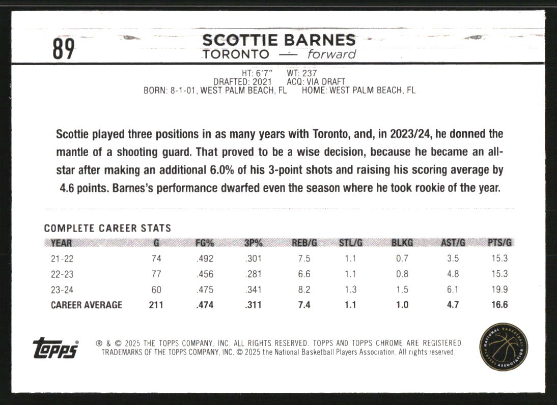 2024-25 Topps Chrome Magenta Speckle Refractors #89 Scottie Barnes
