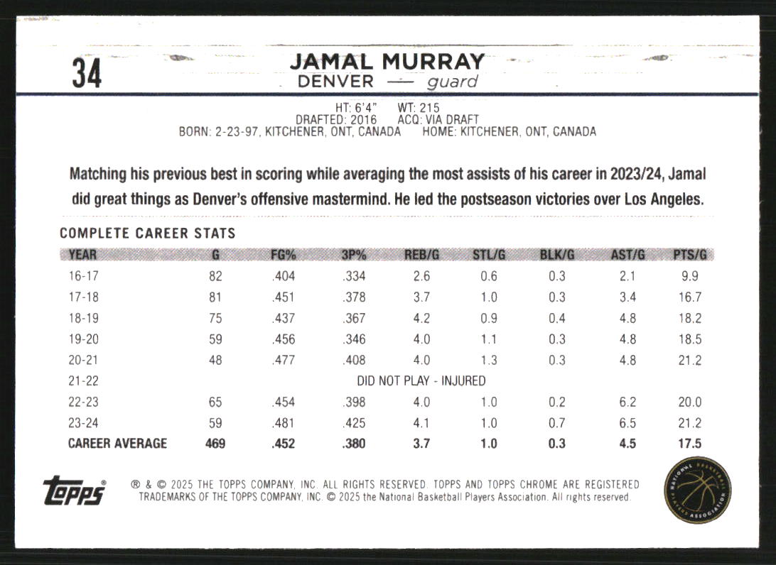 2024-25 Topps Chrome Purple Speckle Refractors #34 Jamal Murray