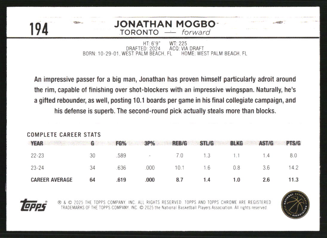 2024-25 Topps Chrome Purple Speckle Refractors #194 Jonathan Mogbo