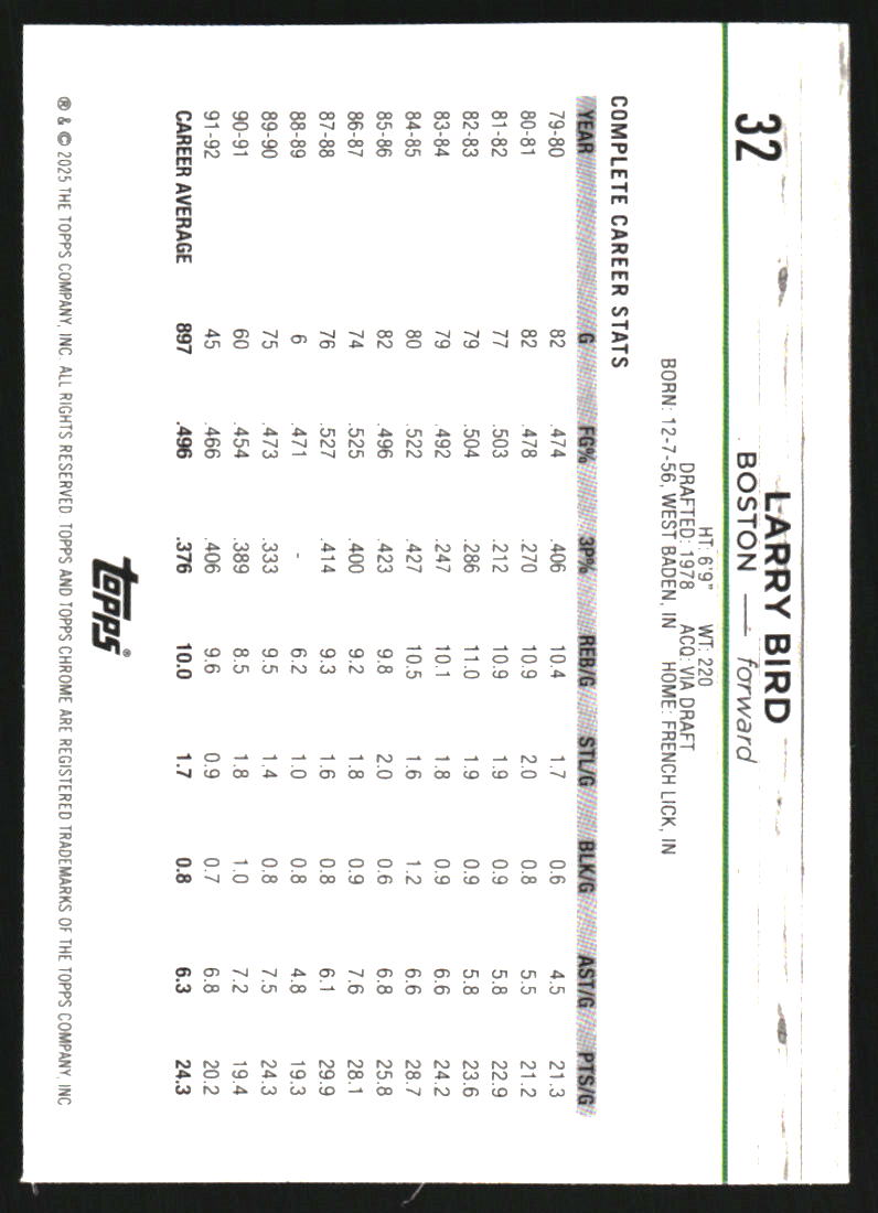 2024-25 Topps Chrome Green Wave Refractors #32 Larry Bird /65