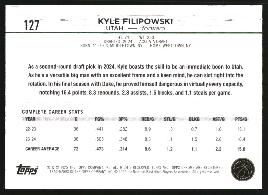 2024-25 Topps Chrome Green Wave Refractors #127 Kyle Filipowski