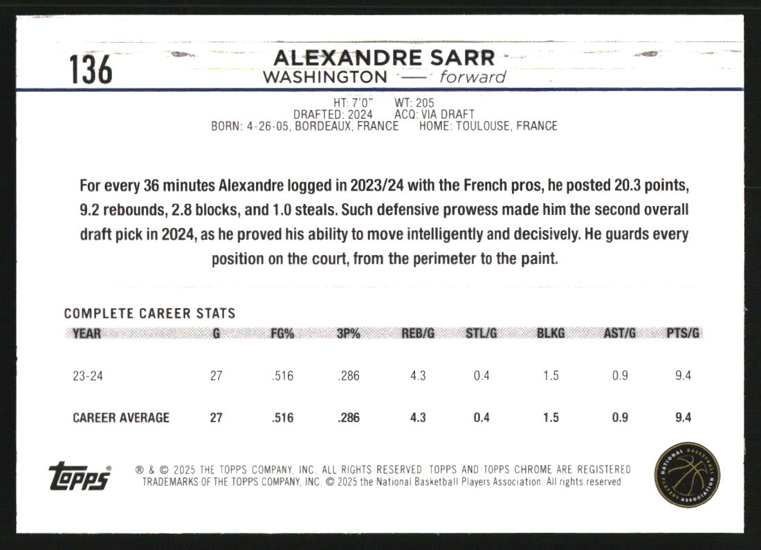 2024-25 Topps Chrome Green Wave Refractors #136 Alexandre Sarr