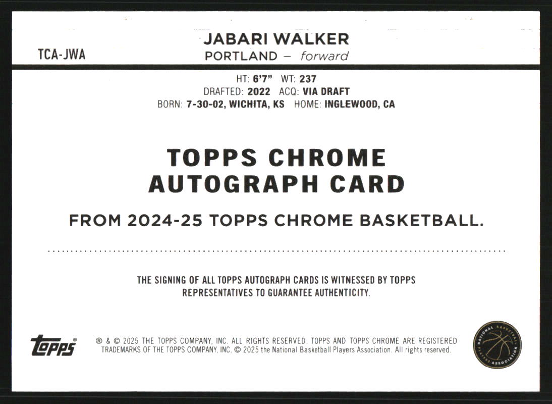 2024-25 Topps Chrome Autographs Purple Geometric Refractors #TCAJWA Jabari Walker