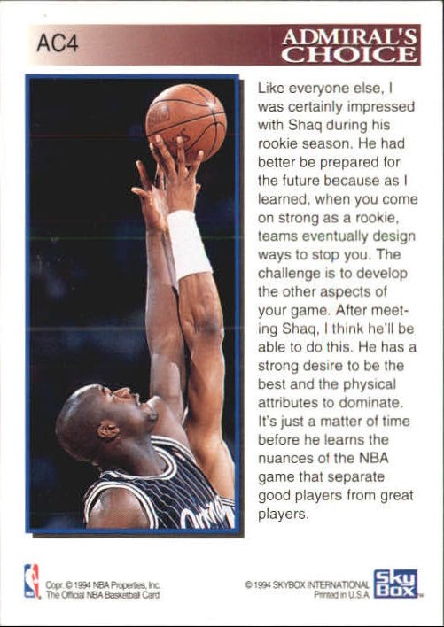 1993-94 Hoops Admiral's Choice #AC4 Shaquille O'Neal back image
