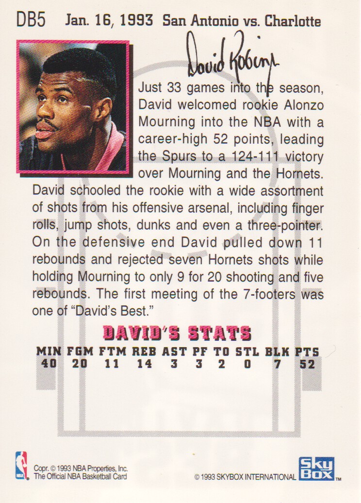 1993-94 Hoops David's Best #DB5 David Robinson/(Vs. Hornets) back image