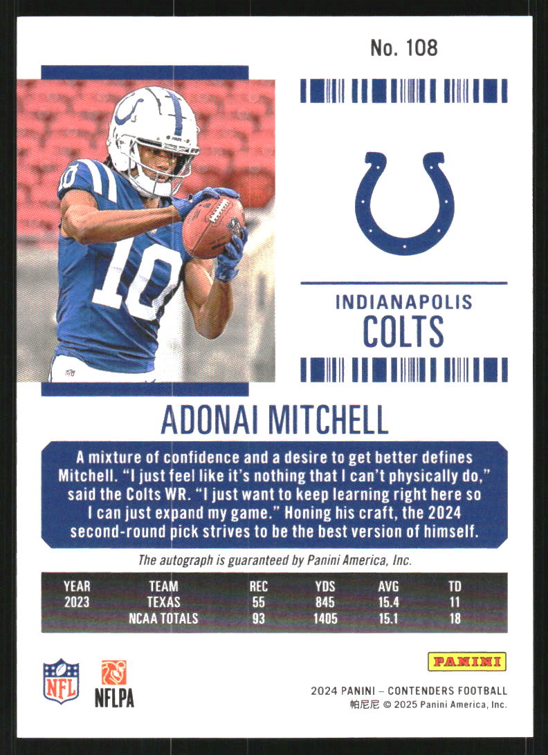 2024 Panini Contenders Red Zone Ticket FOTL #108 Adonai Mitchell AU