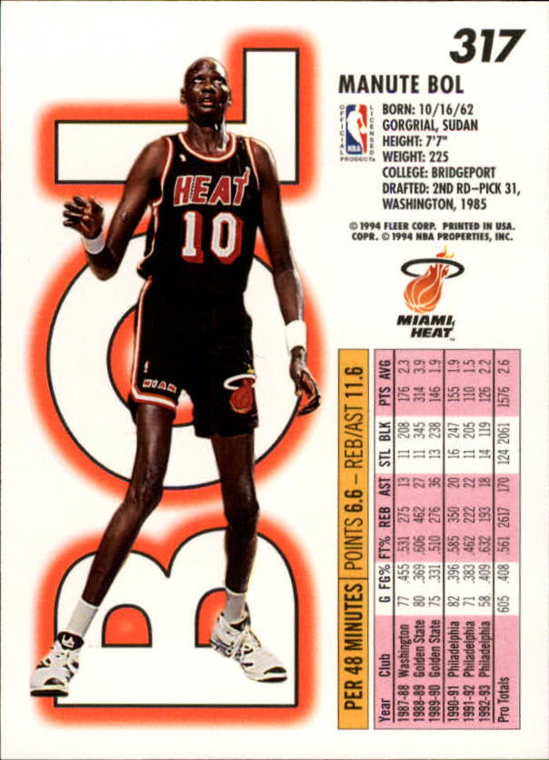 1993 94 Fleer Miami Heat Basketball Card 317 Manute Bol EBay