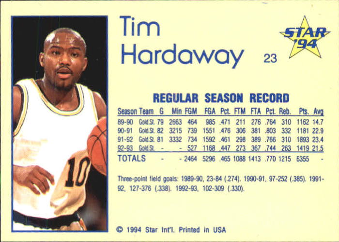 1993-94 Star #23 Tim Hardaway/Regular Season Stats back image