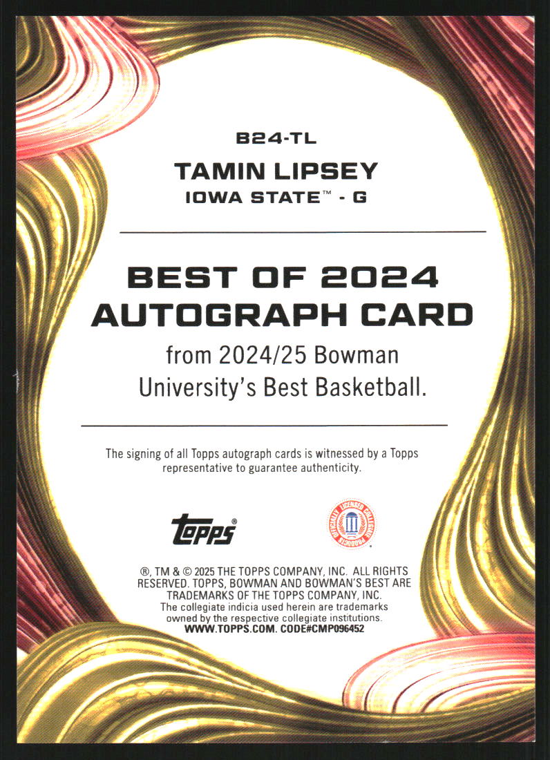 2024-25 Bowman's Best University Best of '24 Autographs #B24TL Tamin Lipsey