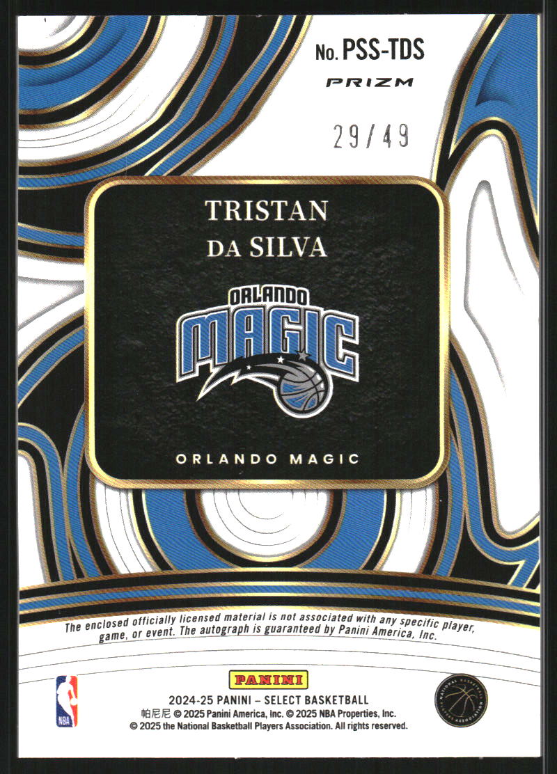 2024-25 Select Prime Selections Signatures White Prizms #27 Tristan da Silva Auto /49