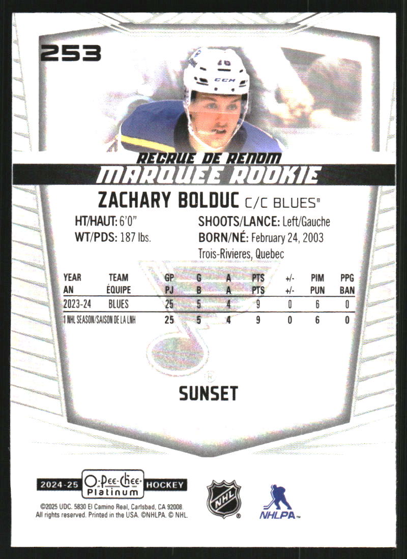 2024-25 O-Pee-Chee Platinum Sunset #253 Zachary Bolduc