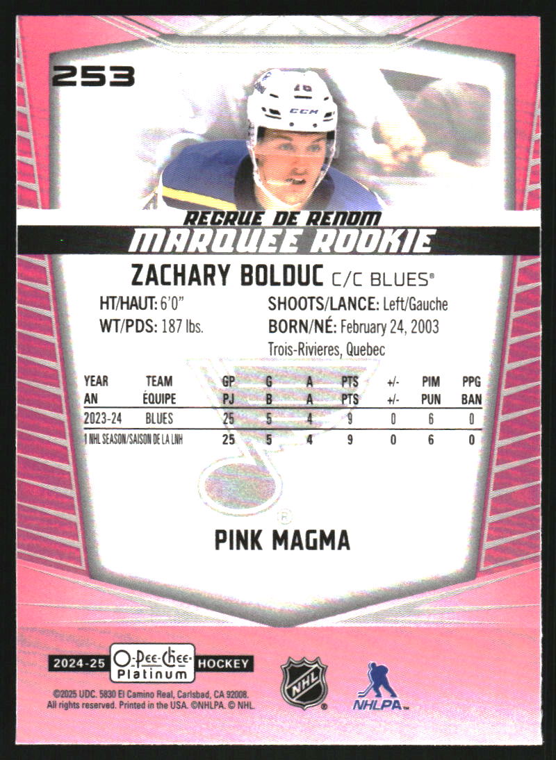 2024-25 O-Pee-Chee Platinum Pink Magma #253 Zachary Bolduc