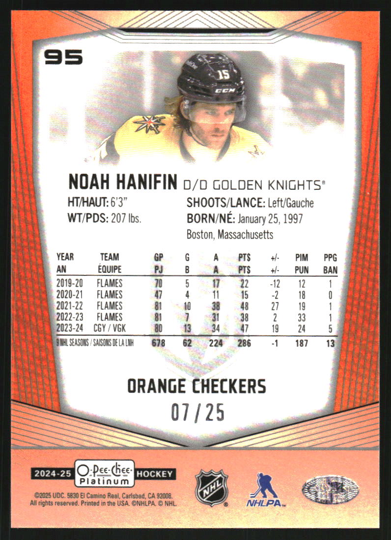 2024-25 O-Pee-Chee Platinum Orange Checkers #95 Noah Hanifin /25
