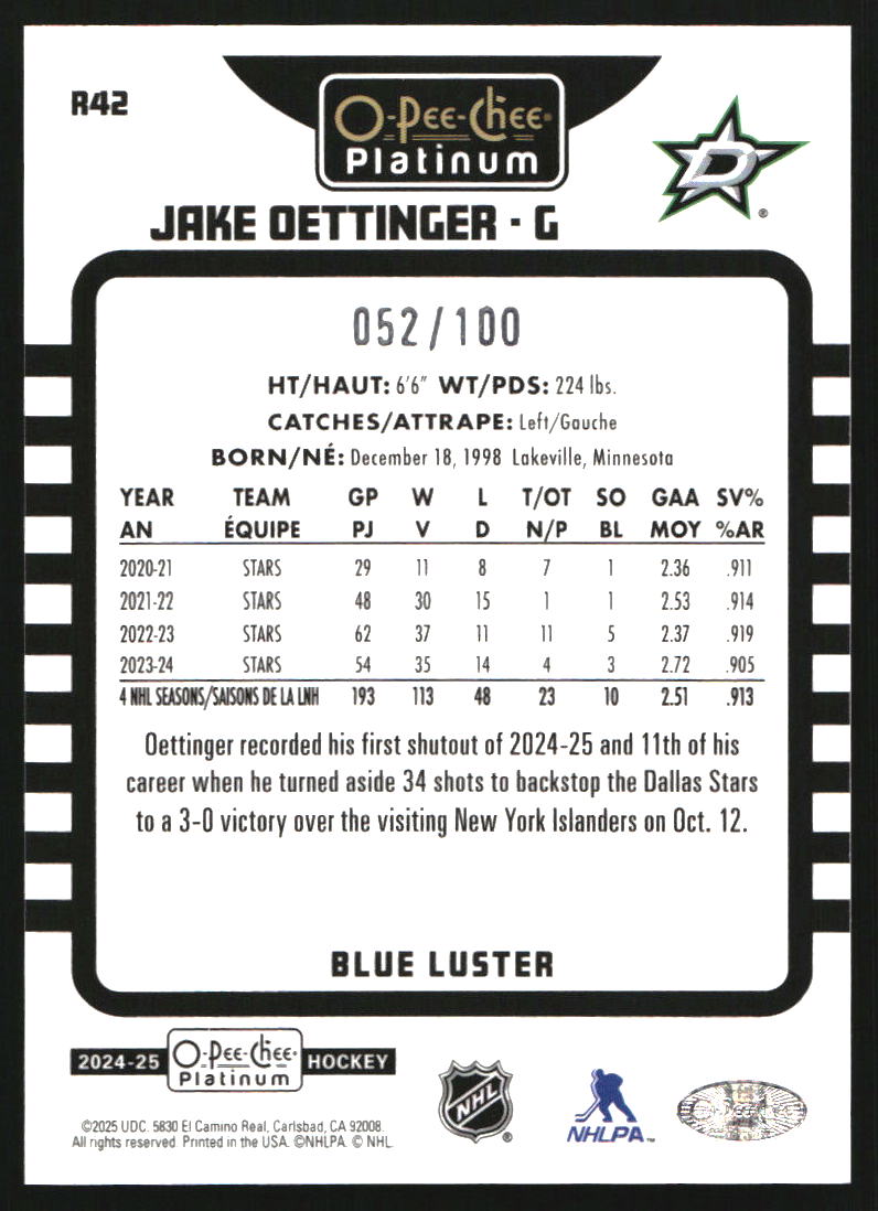 2024-25 O-Pee-Chee Platinum Retro Blue Luster #R42 Jake Oettinger