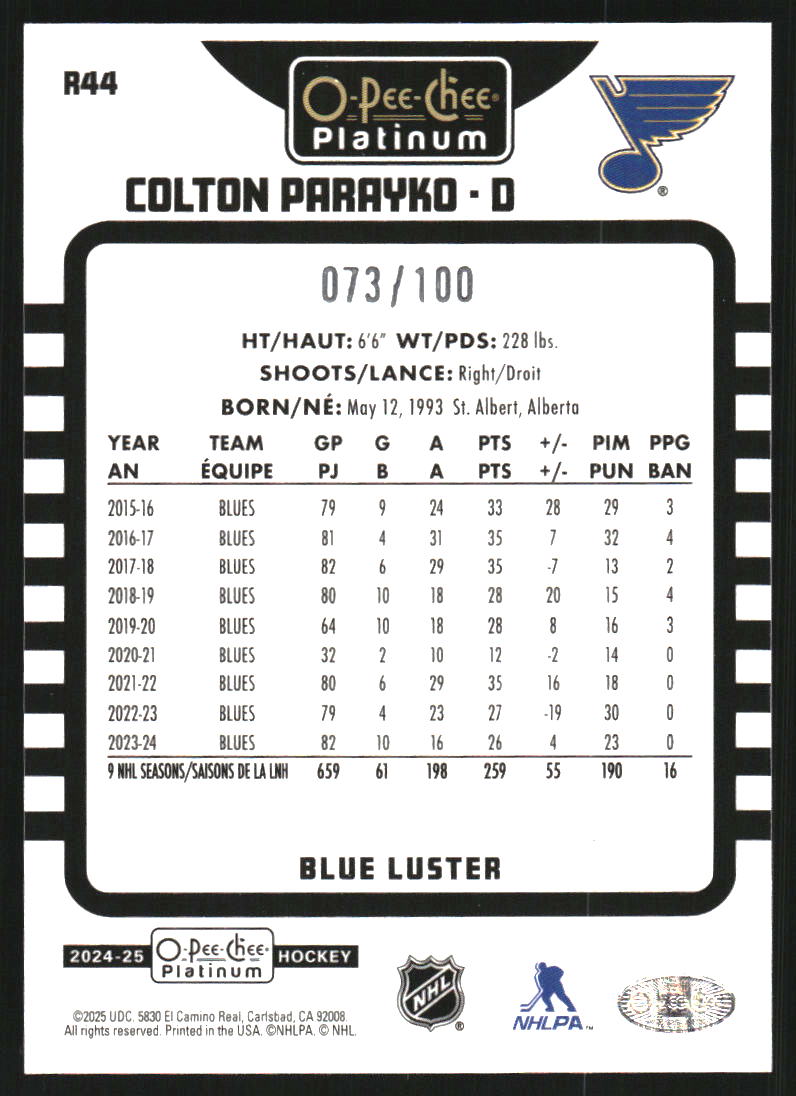2024-25 O-Pee-Chee Platinum Retro Blue Luster #R44 Colton Parayko /100