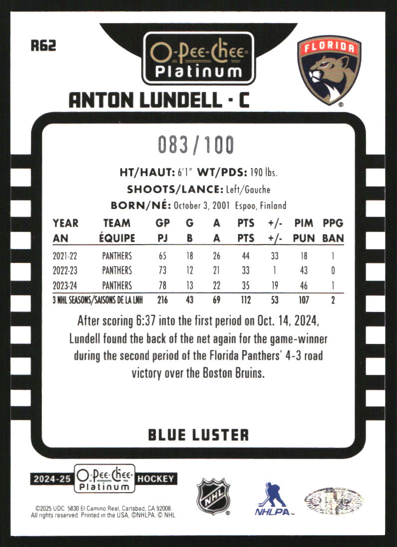 2024-25 O-Pee-Chee Platinum Retro Blue Luster #R62 Anton Lundell