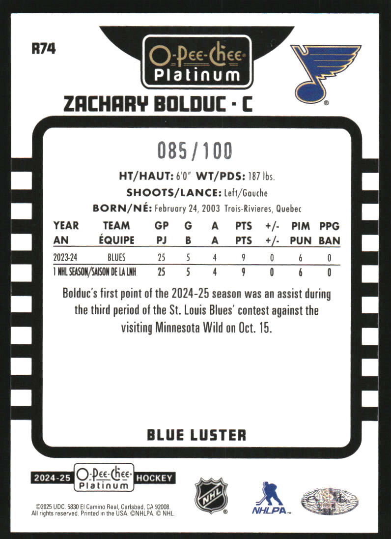 2024-25 O-Pee-Chee Platinum Retro Blue Luster #R74 Zachary Bolduc