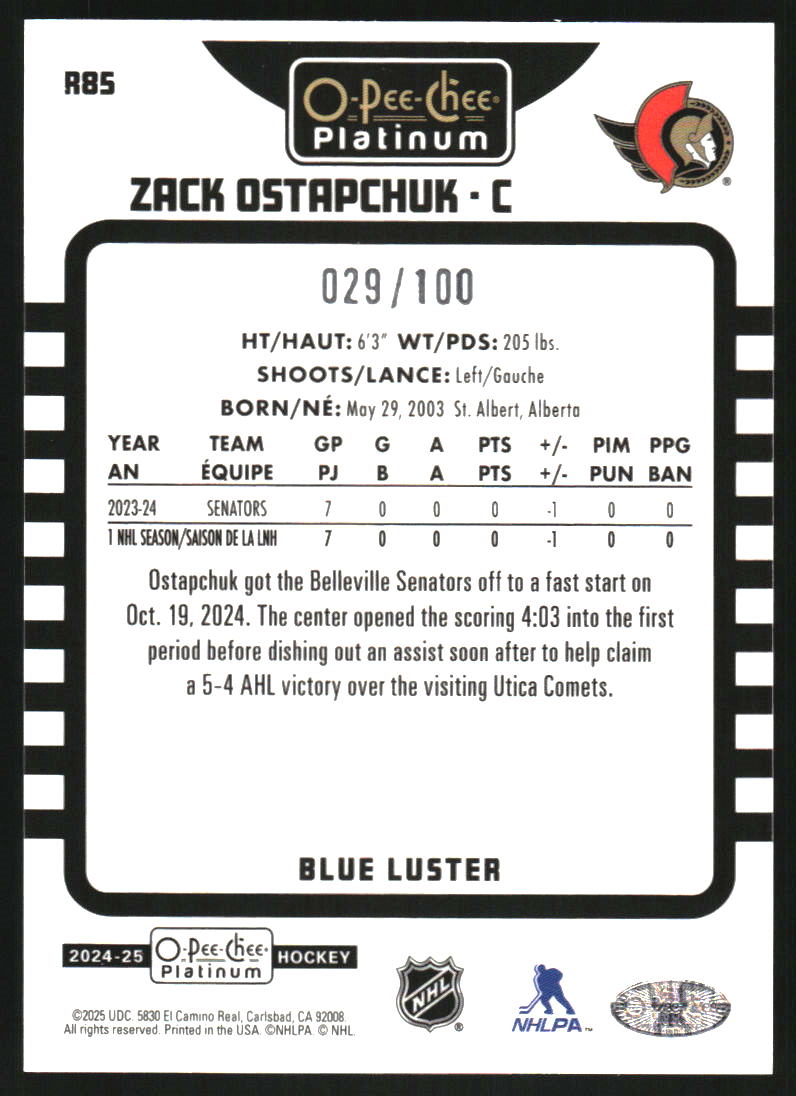 2024-25 O-Pee-Chee Platinum Retro Blue Luster #R85 Zack Ostapchuk /100