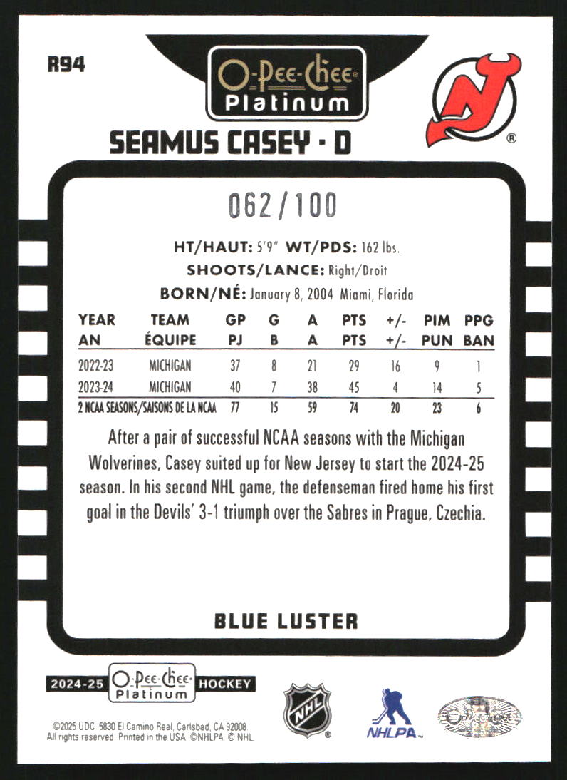 2024-25 O-Pee-Chee Platinum Retro Blue Luster #R94 Seamus Casey
