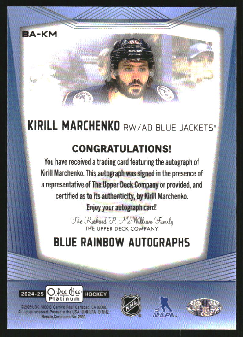 2024-25 O-Pee-Chee Platinum Blue Rainbow Autographs #BAKM Kirill Marchenko Auto