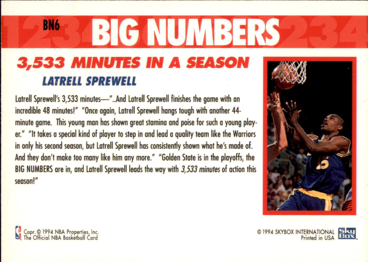 1994-95 Hoops Big Numbers #BN6 Latrell Sprewell back image