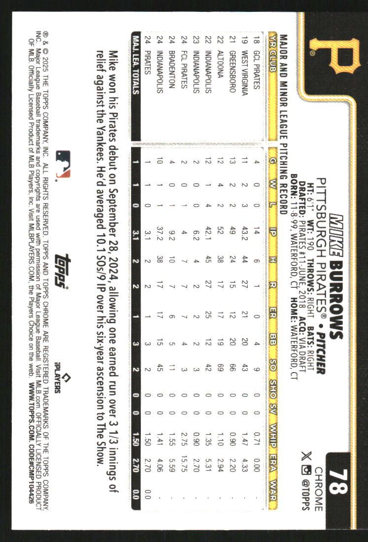 2025 Topps Chrome Purple Refractors #78 Mike Burrows /250