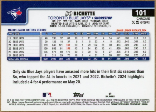 2025 Topps Chrome Purple RayWave Refractors #101 Bo Bichette back image