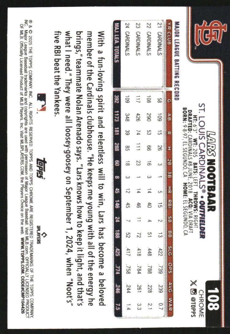 2025 Topps Chrome Purple RayWave Refractors #108 Lars Nootbaar /250