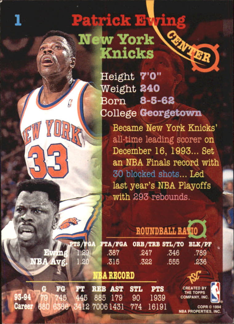 1994-95 Stadium Club Super Teams NBA Finals #1 Patrick Ewing back image