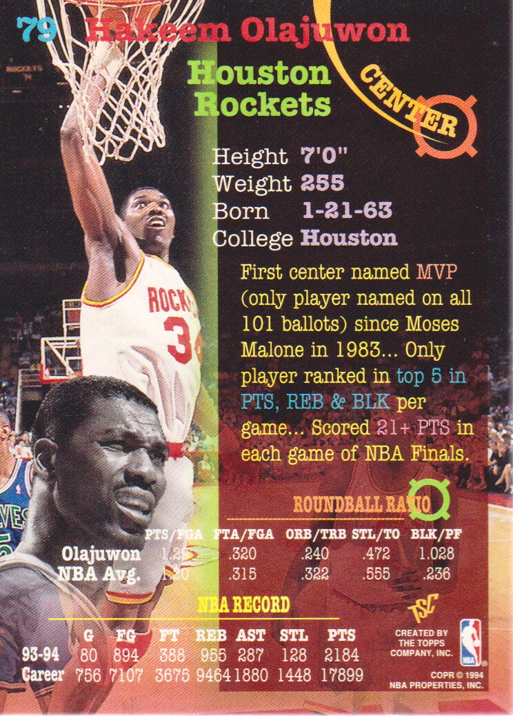 1994-95 Stadium Club Super Teams NBA Finals #79 Hakeem Olajuwon back image