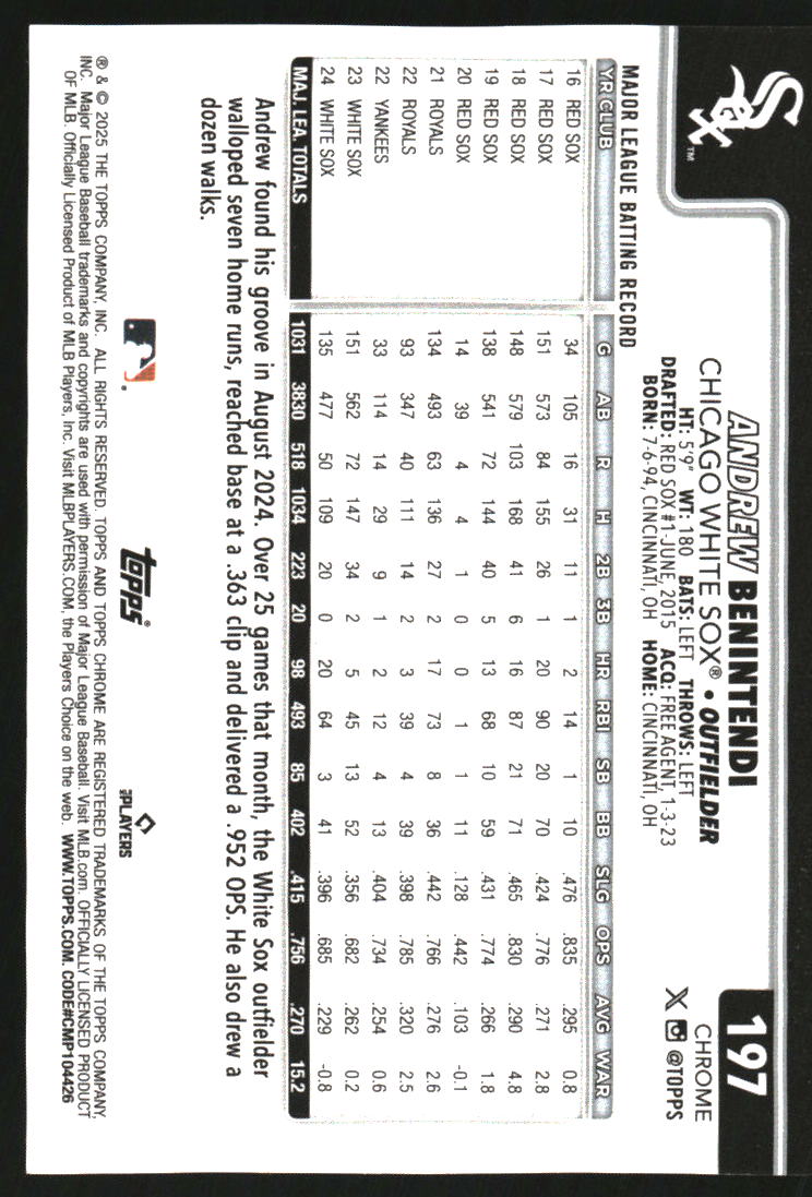 2025 Topps Chrome Gold Refractors #197 Andrew Benintendi /50