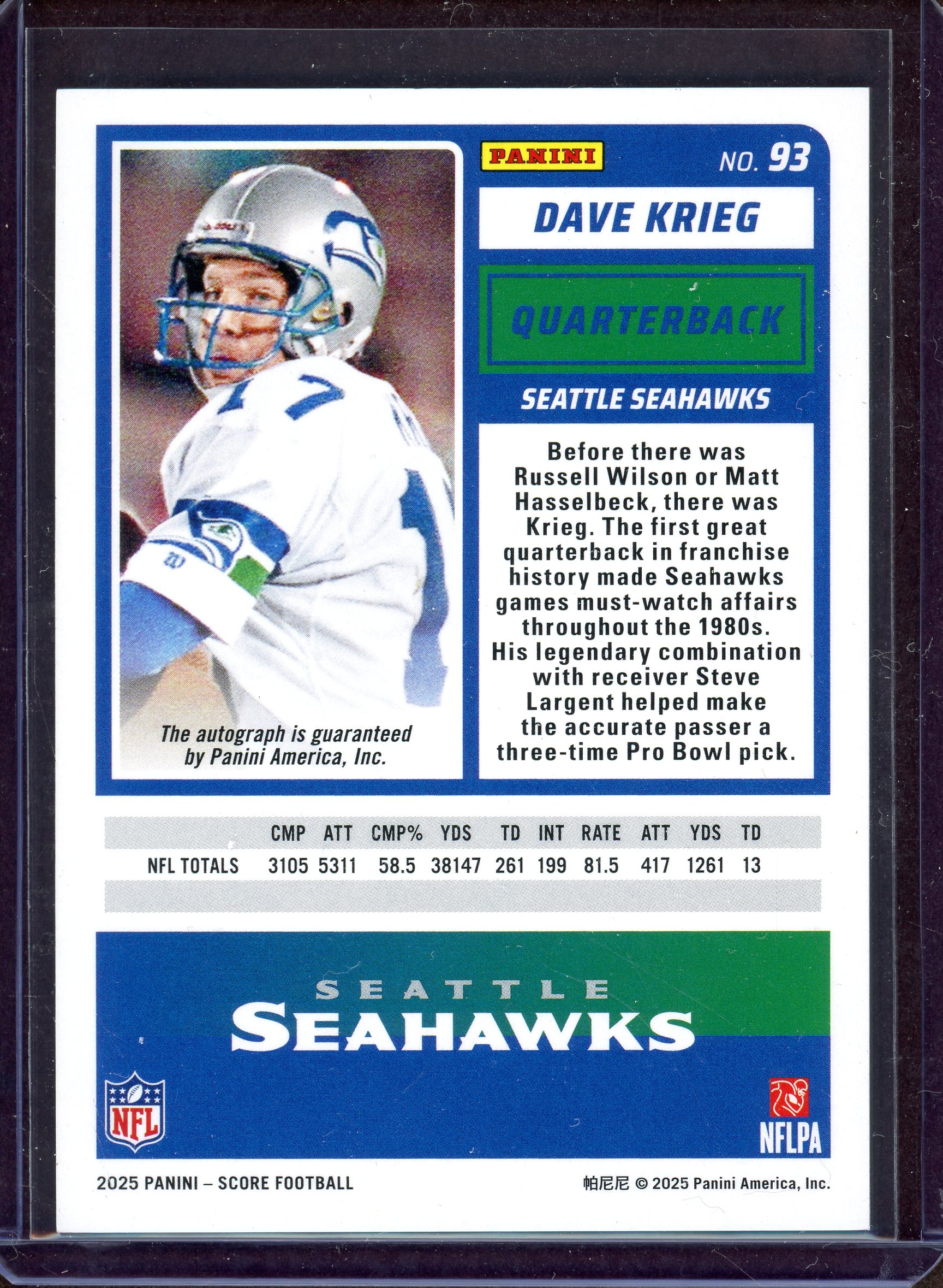2025 Score Signatures Red Zone #93 Dave Krieg back image