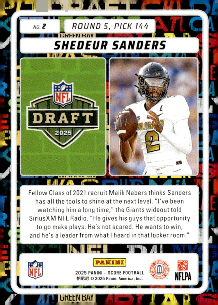 2025 Score NFL Draft #2 Shedeur Sanders back image