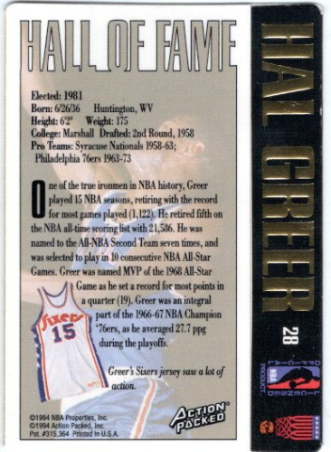 1995 Action Packed Hall of Fame Autographs #28 Hal Greer back image