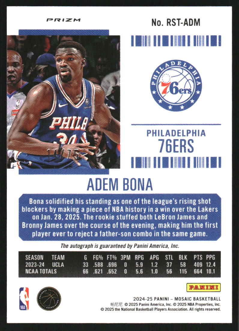 2024-25 Panini Mosaic Rookie Season Ticket Signatures Bronze #36 Adem Bona Auto /75