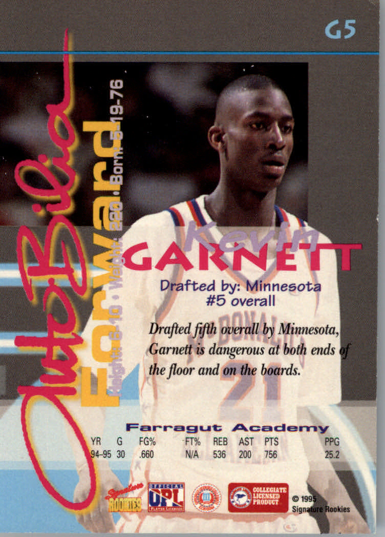 1995 Signature Rookies Autobilia Garnett #G5 Kevin Garnett back image