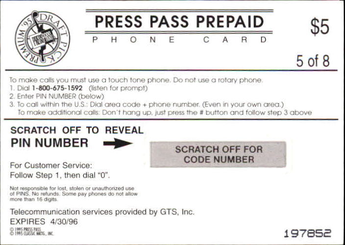 1995 Press Pass Phone Cards $5 #5 Glenn Robinson back image
