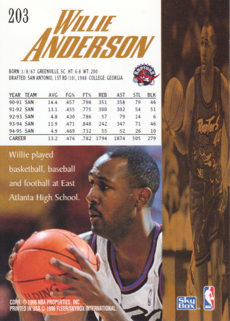 1995-96 SkyBox Premium #203 Willie Anderson back image